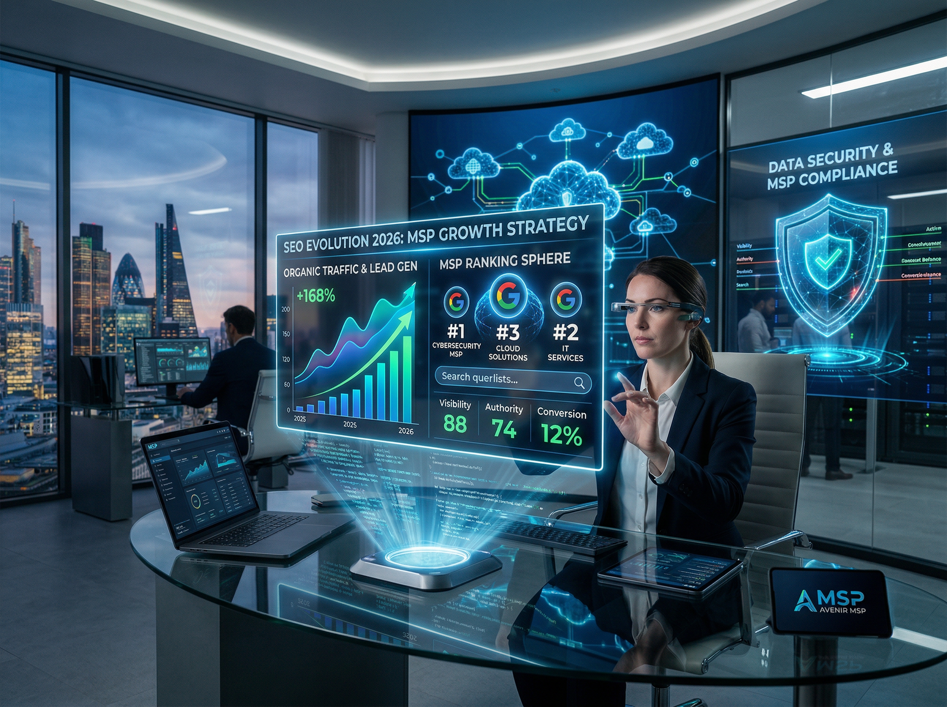 Woman in a high-tech office analyzes data on a holographic screen. City skyline in background.