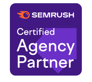 A purple square badge with the Semrush logo and the text 