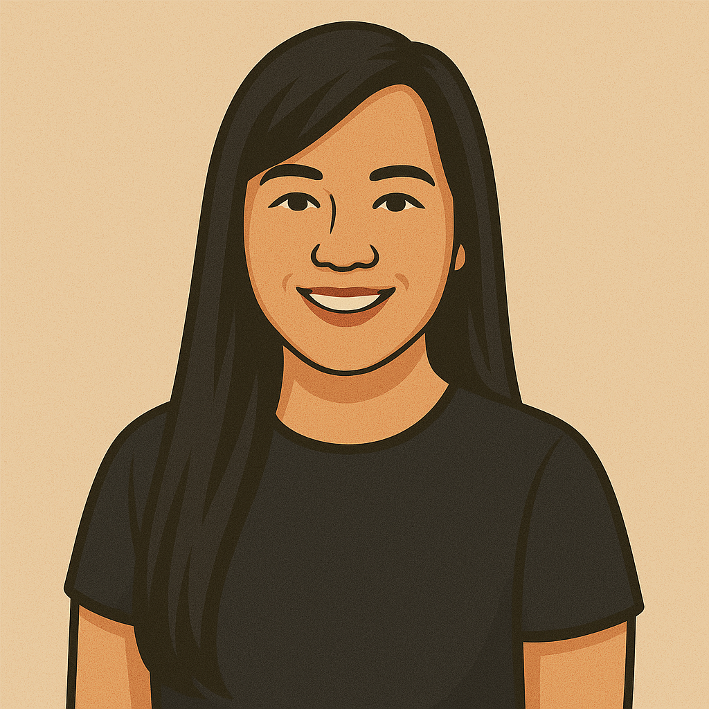 A pixel art portrait of a woman with long black hair wearing a black shirt and smiling.