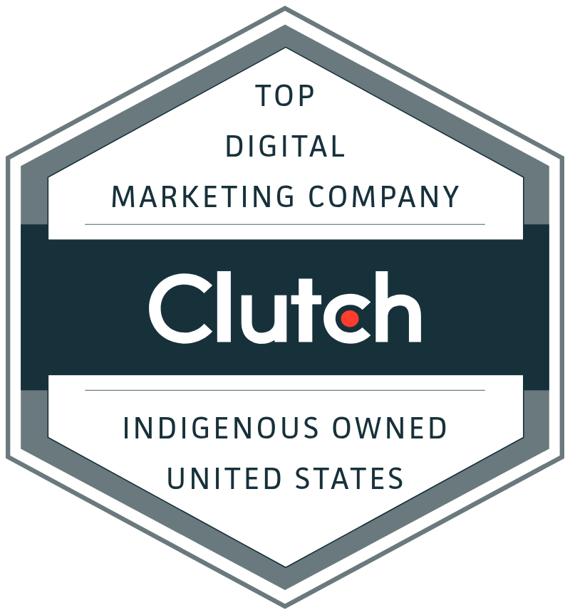 Clutch badge for top digital marketing company, Indigenous owned, United States, in gray and teal hexagon