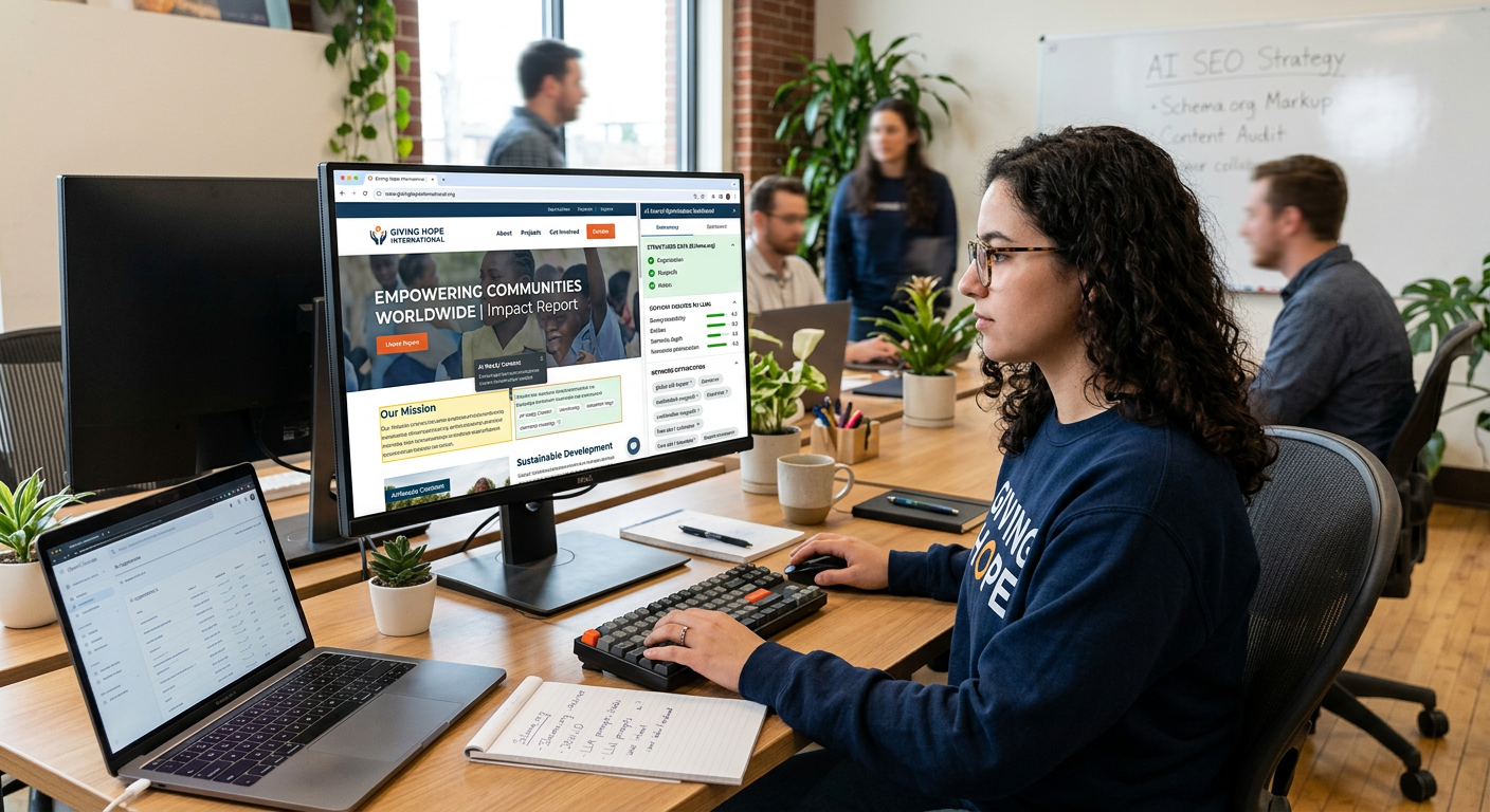 A professional working at a desk in a bright, open-concept office, focusing on a computer screen.