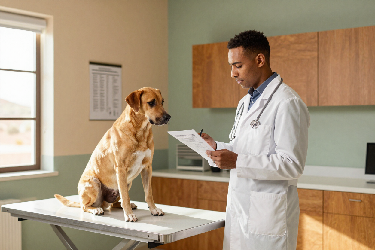 Veterinarian with a dog on an exam table at High Desert Veterinary Service in Douglas, AZ