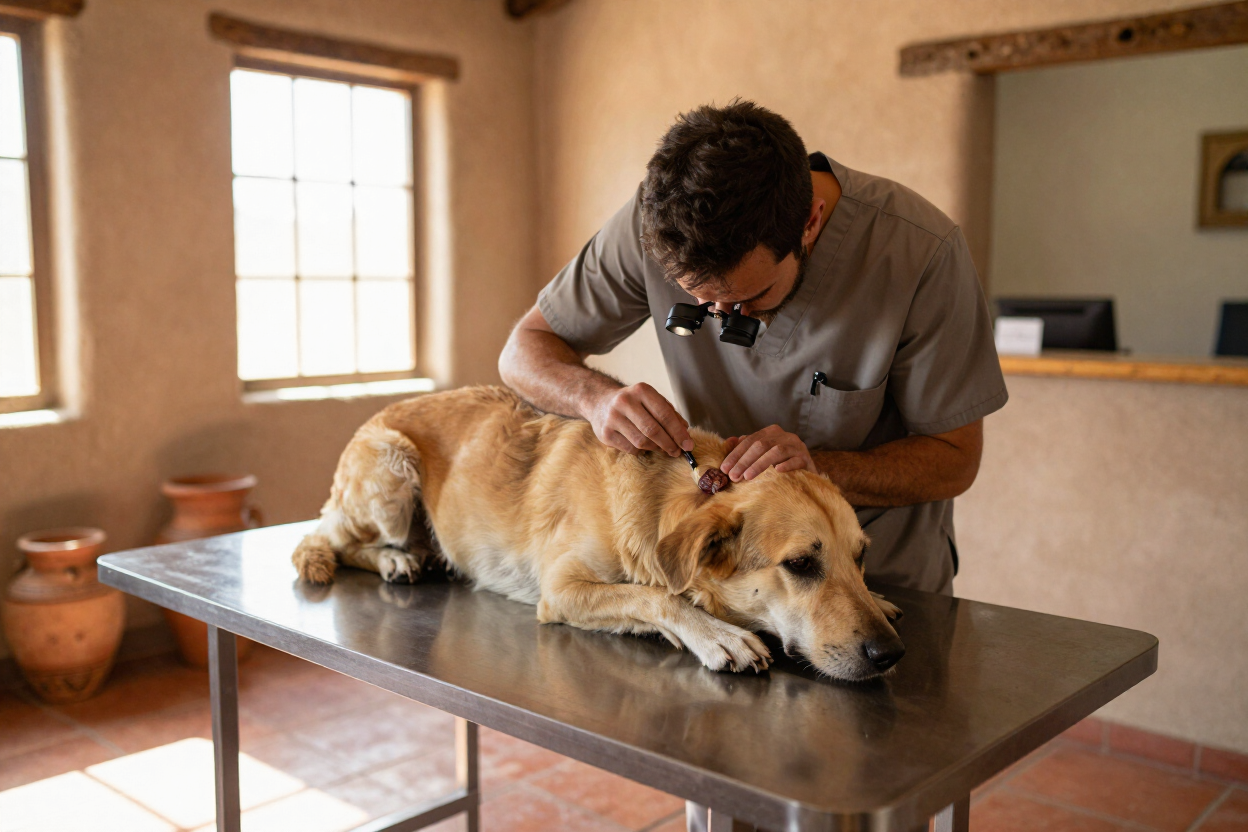 Veterinarian examining a skin growth on a dog in a naturally lit Southwest clinic exam room