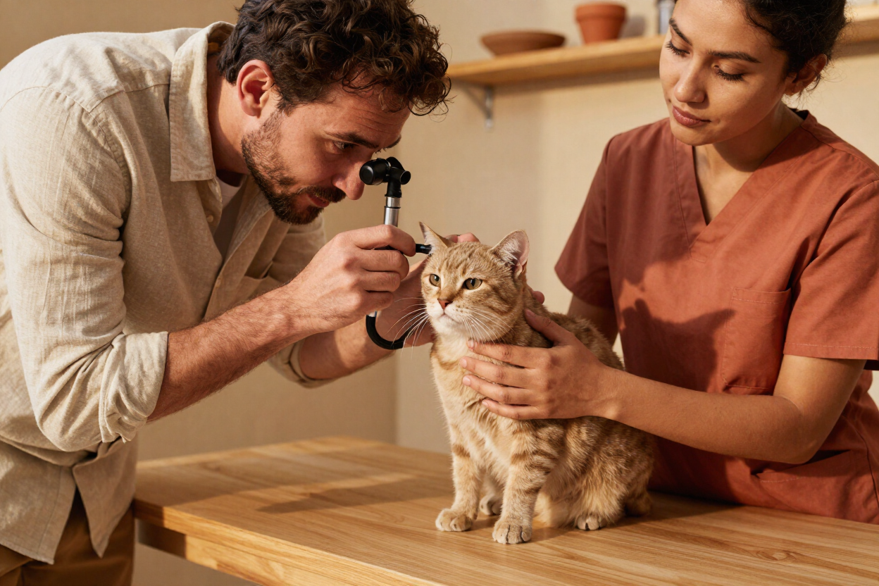 Veterinarian examining a cat's eye with an ophthalmoscope at a veterinary clinic in Douglas, AZ