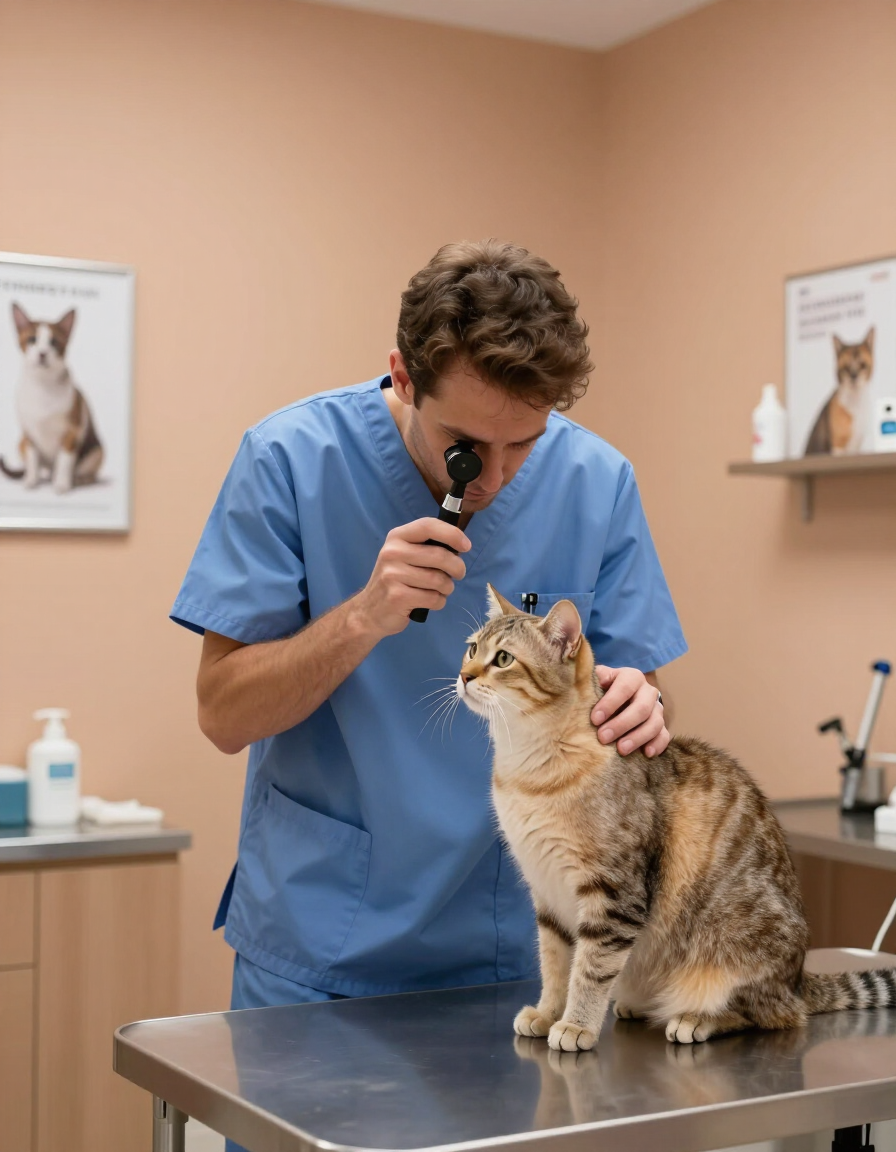 Veterinarian performing an eye exam on a cat at High Desert Veterinary Service in Douglas, AZ