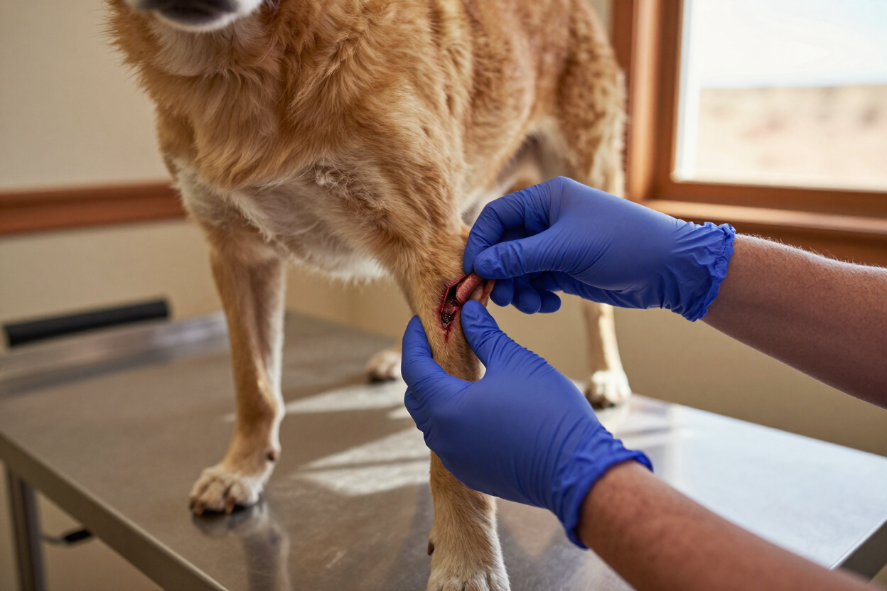 Veterinarian examining a dog for snake bite symptoms at a veterinary clinic in Douglas, AZ