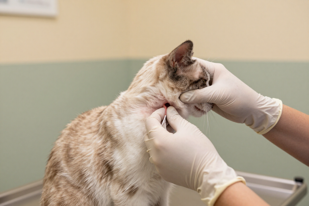 Veterinarian inspecting a cat's skin condition during a dermatology exam in Douglas, AZ