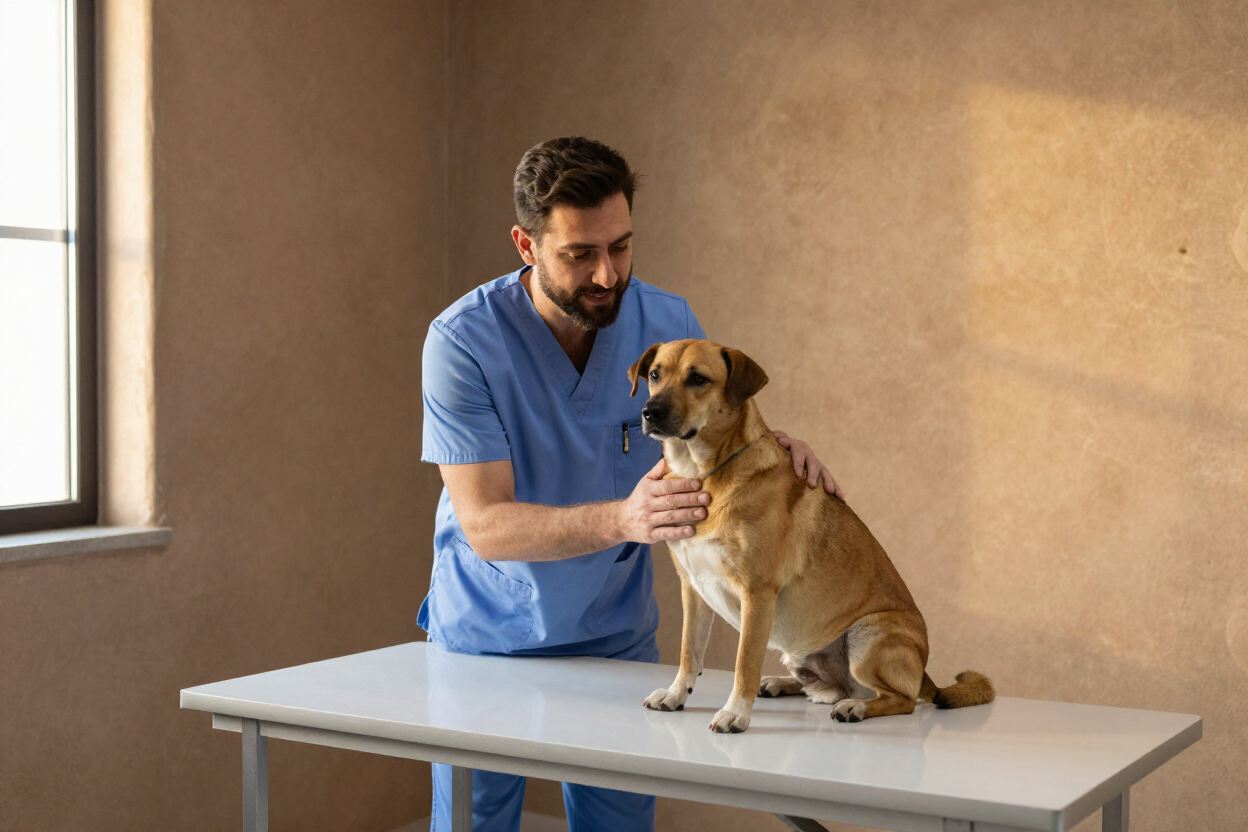 Veterinarian evaluating a dog's coat at High Desert Veterinary Service dermatology clinic in Douglas, AZ