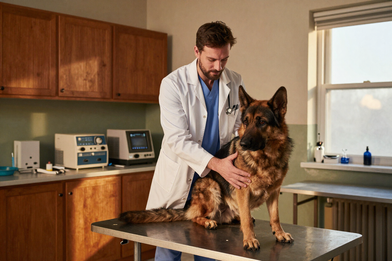 Dr. Michael John, founder of High Desert Veterinary Service, examining a dog in Douglas, AZ