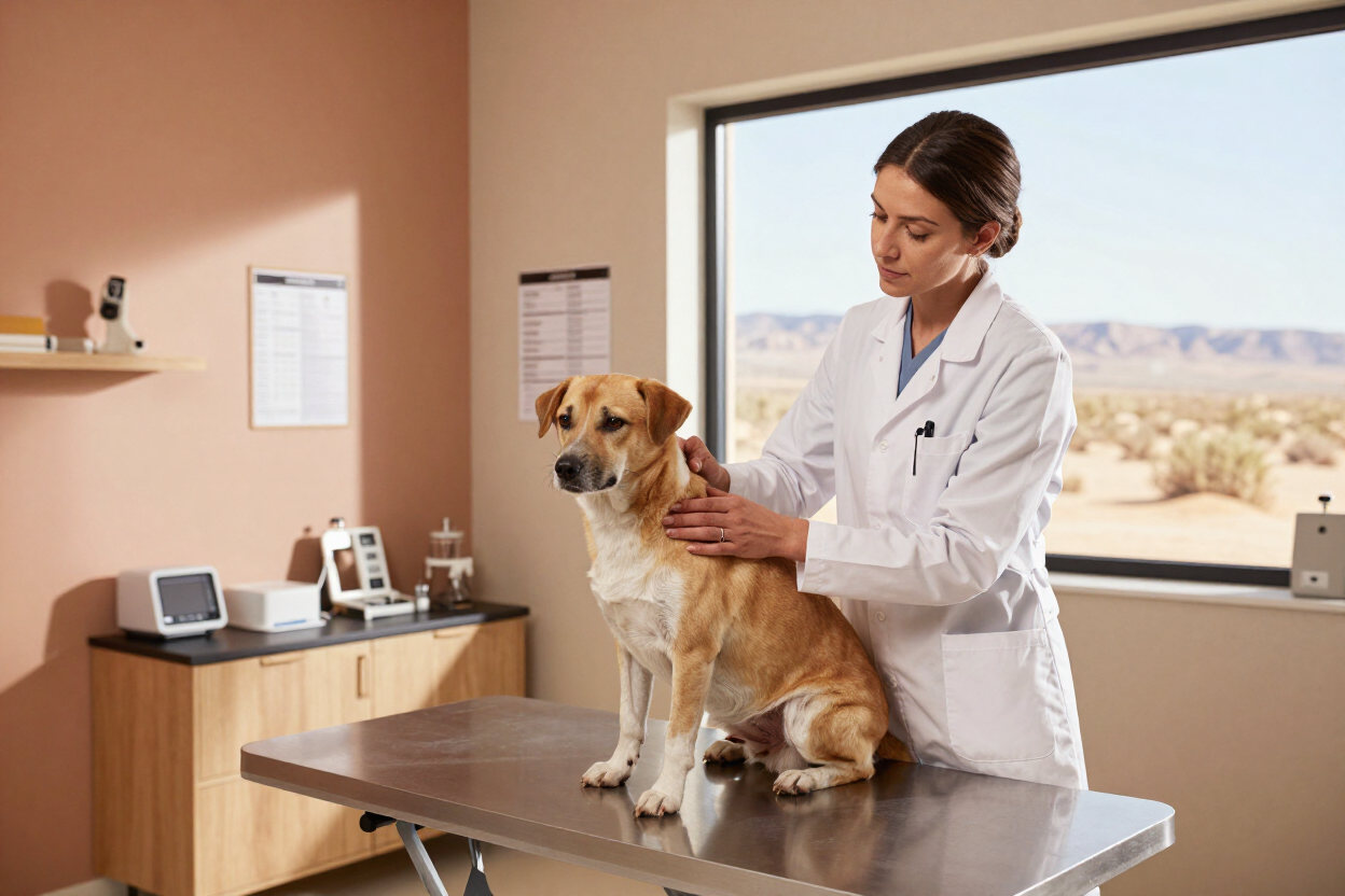Veterinarian examining a dog's coat and skin at High Desert Veterinary Service clinic in Douglas, AZ.