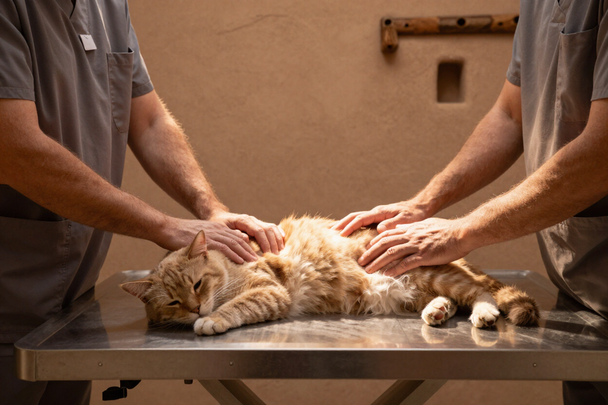 Veterinarian examining a cat at High Desert Veterinary Service in Douglas, AZ