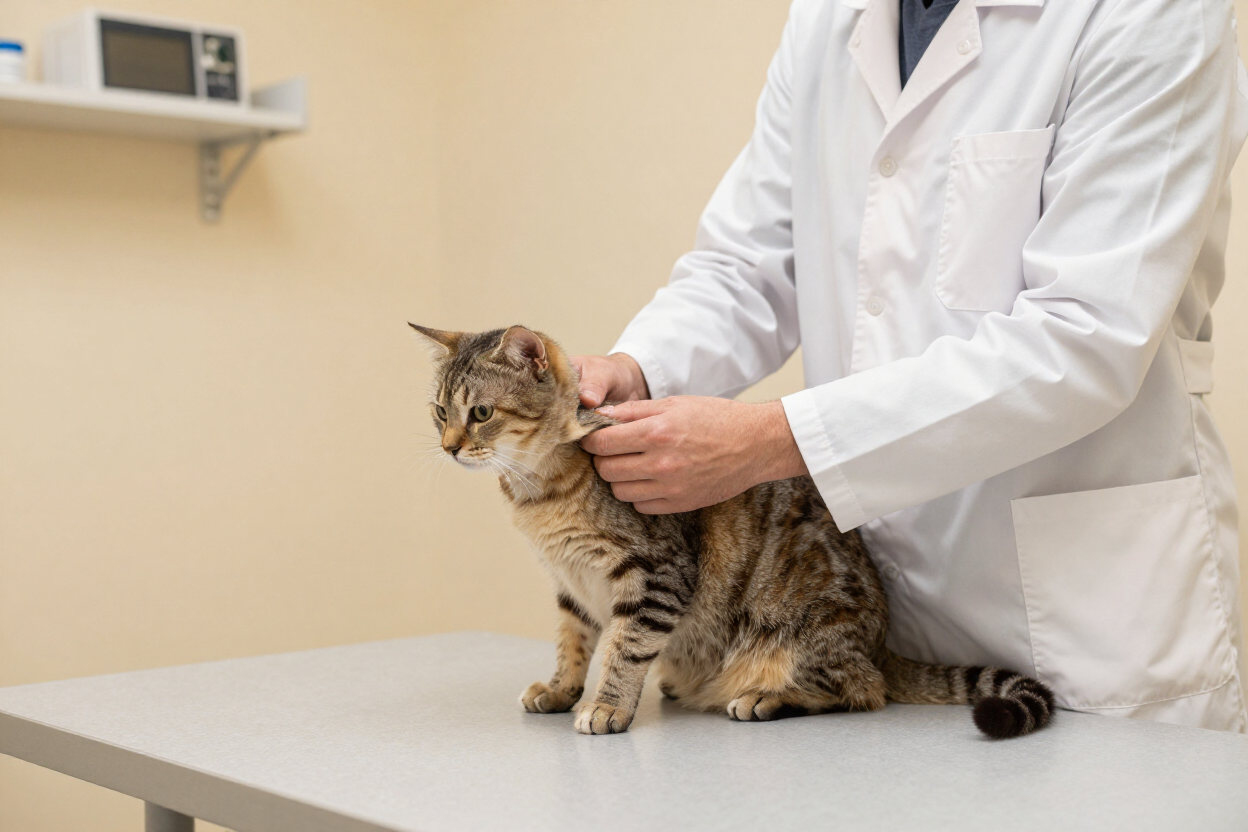 Vet checking a cat during an annual wellness exam at a veterinary clinic in Douglas, AZ