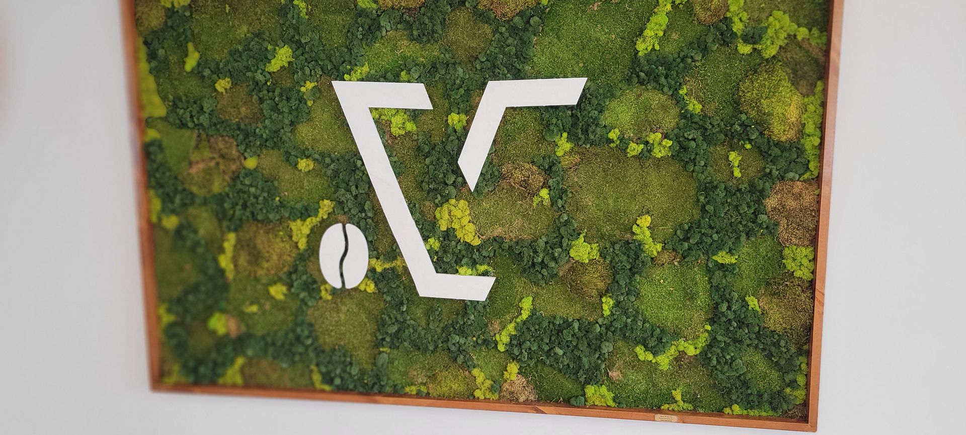 Abstract green moss wall art with a white geometric logo in a wooden frame