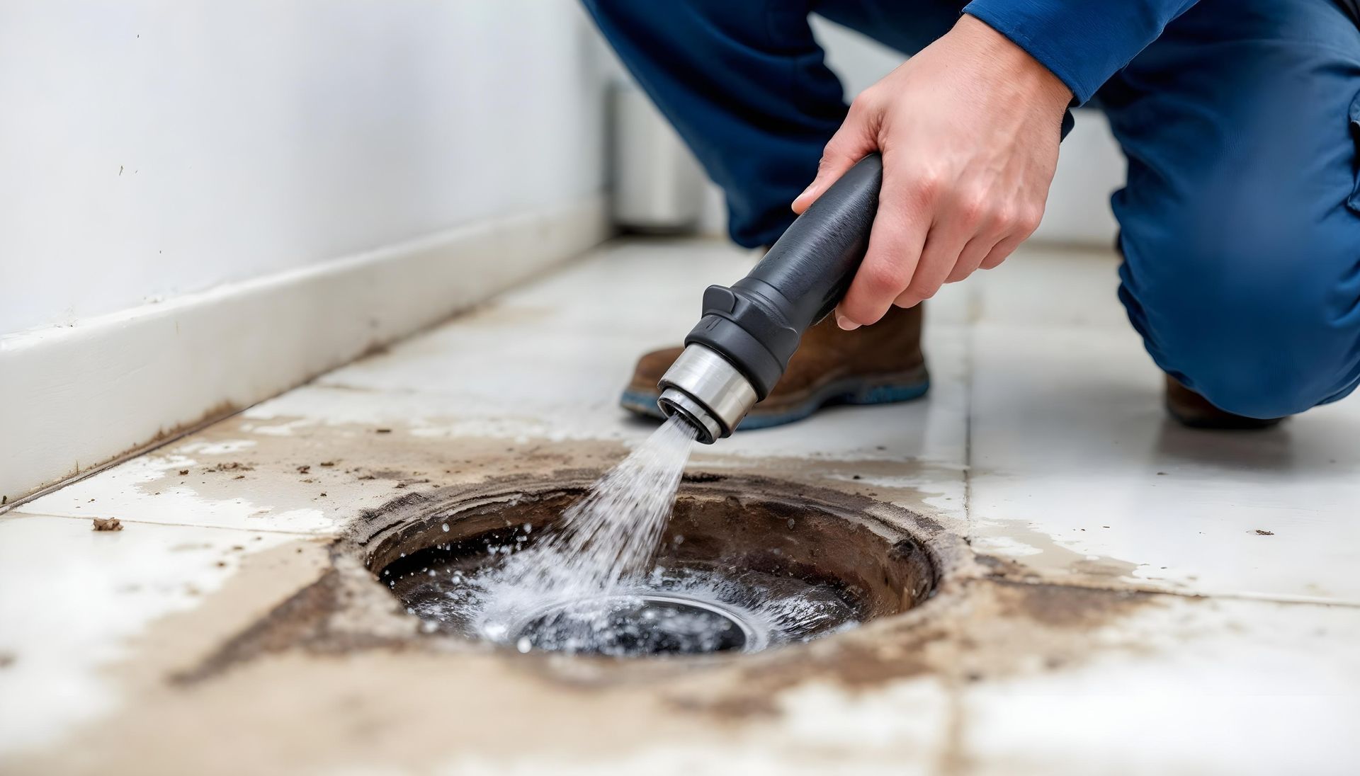 Technician cleaning a commercial floor drain.