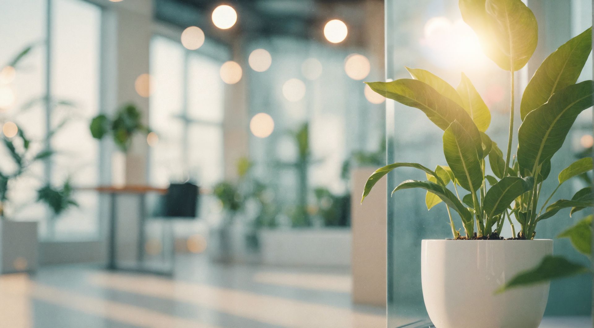 Potted green plant beside a glass partition in a bright, sunlit modern office.