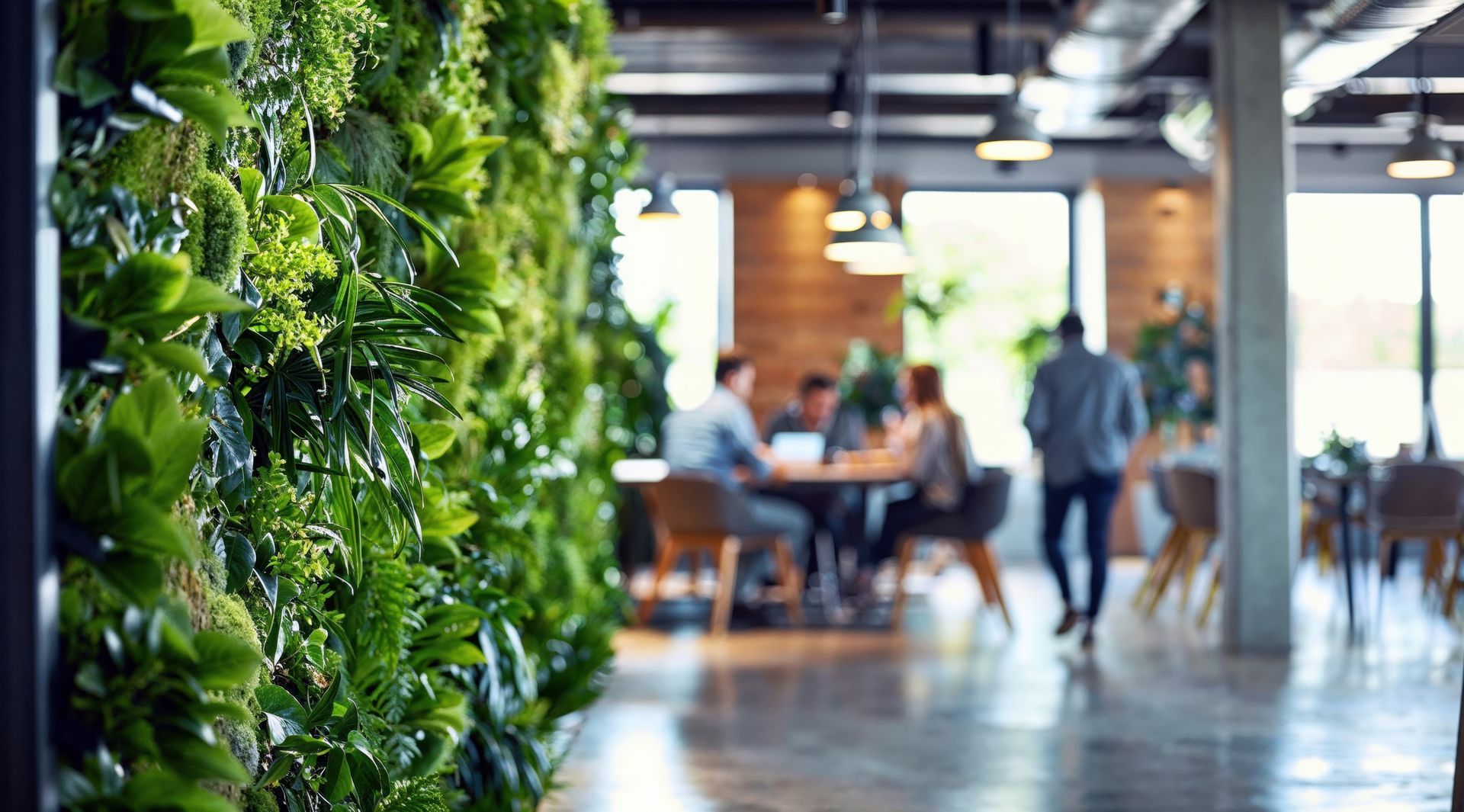 Office plant service with a lush green wall in a bright open workspace
