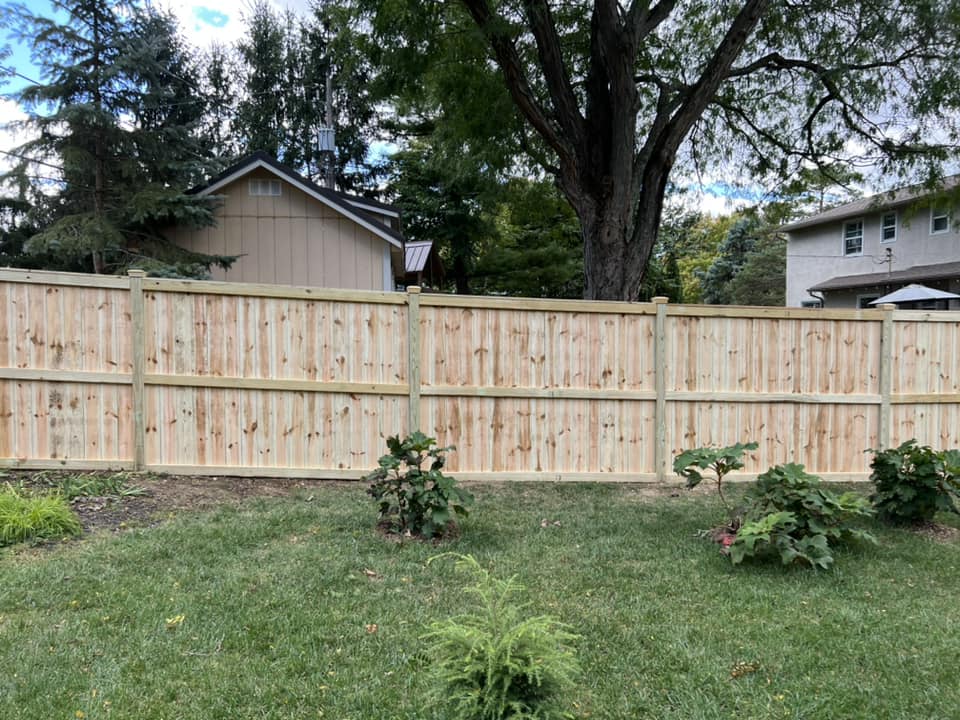 Wooden fence in a backyard with green grass, small bushes, and trees; houses in the background.