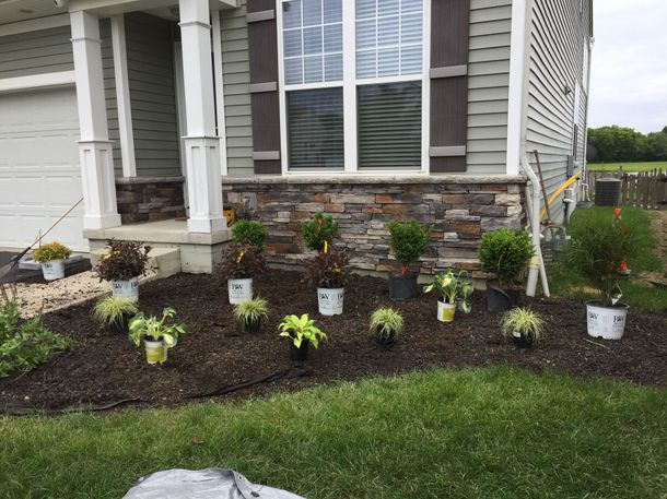 House front yard with a flower bed featuring several potted plants surrounded by mulch.