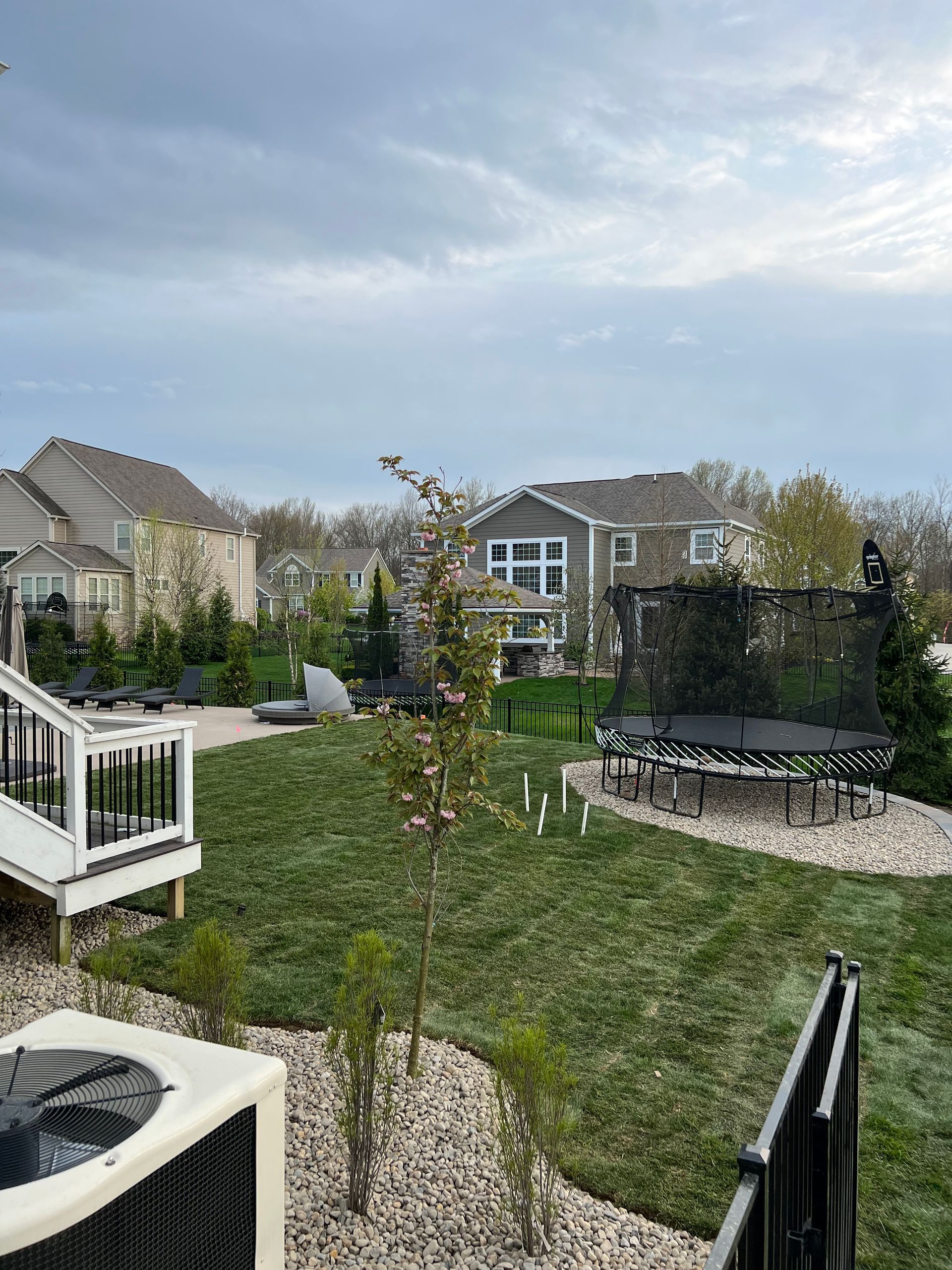 Backyard with green lawn, trees, patio, and houses under an overcast sky.