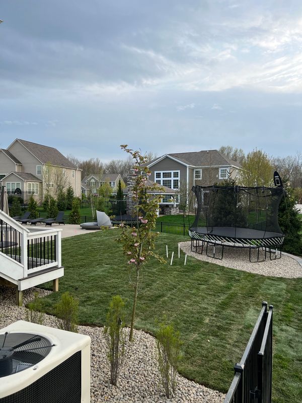 Backyard with green lawn, trees, patio, and houses under an overcast sky.