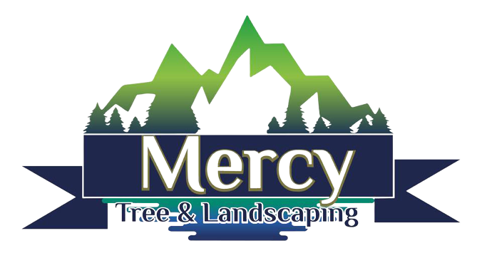 Logo for Mercy Tree & Landscaping: Green mountains behind a blue banner with "Mercy" and text below.