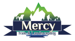 Logo for Mercy Tree & Landscaping: Green mountains behind a blue banner with "Mercy" and text below.