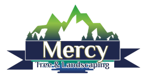 Logo for Mercy Tree & Landscaping: Green mountains behind a blue banner with "Mercy" and text below.