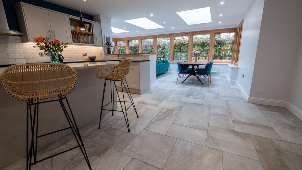 Bright open-plan living area in Cheshire home extension by Rawlinson Construction