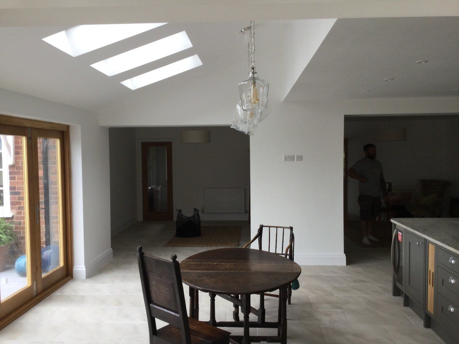 Light-filled living area in oak-framed extension in Cheshire home