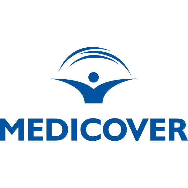 Логотип Medicover синього кольору зі стилізованою фігурою та дугою над словом «MEDICOVER»