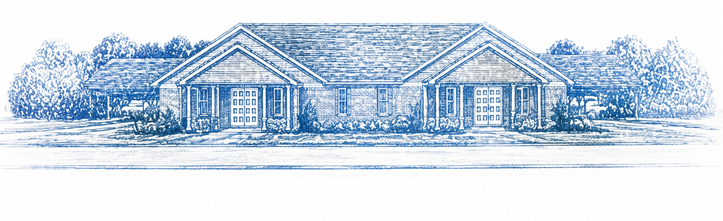 Blue sketch of a single-story house with a front porch and trees on both sides