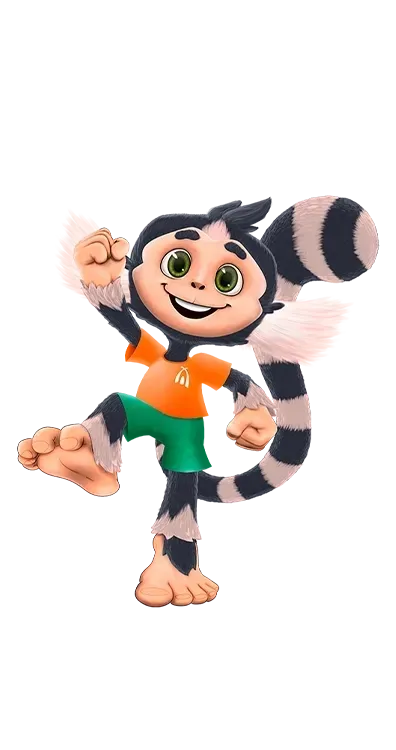 Um macaco de desenho animado está de pé sobre uma perna e sorrindo.