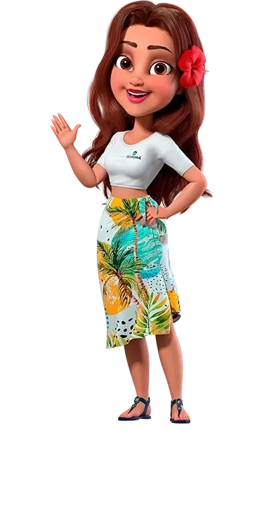 Uma garota de desenho animado com uma flor no cabelo está de pé sobre um fundo branco.