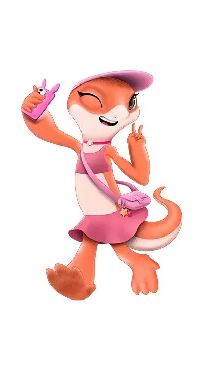 Um lagarto de desenho animado está usando um vestido rosa e um chapéu rosa.