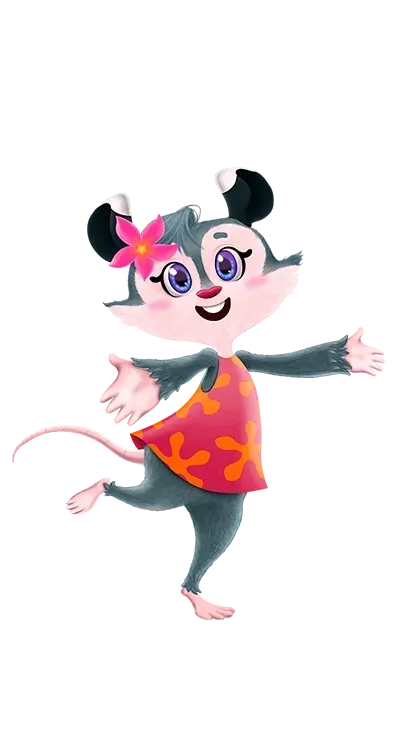 Um rato de desenho animado com uma flor na cabeça está dançando.