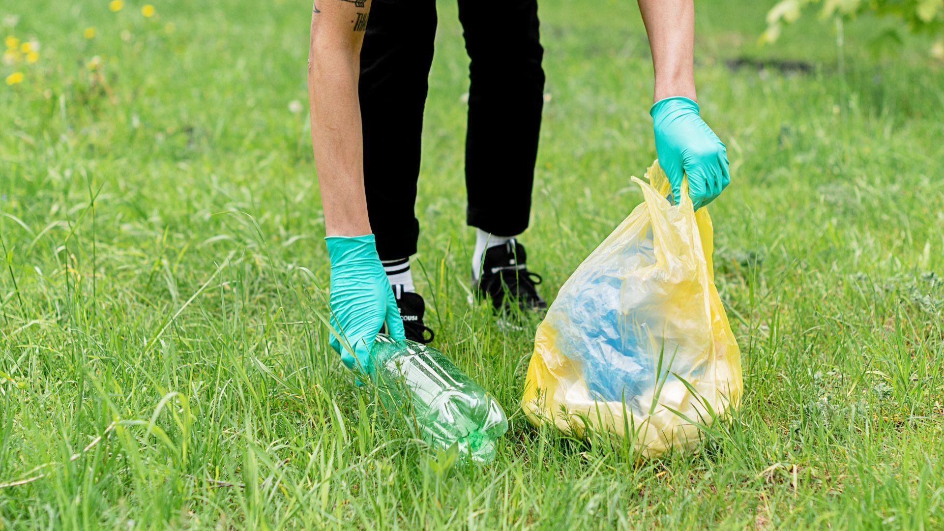 person picking up trash on a park