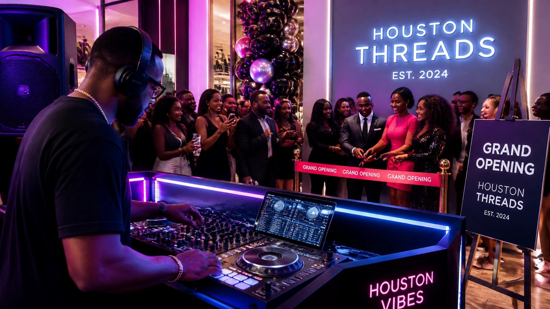 DJ at Houston Threads grand opening with neon-lit crowd and blue-purple lighting