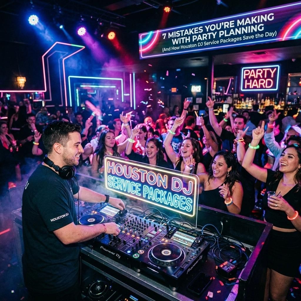 DJ performing at a lively Houston rooftop party with colorful lights and dancing crowd
