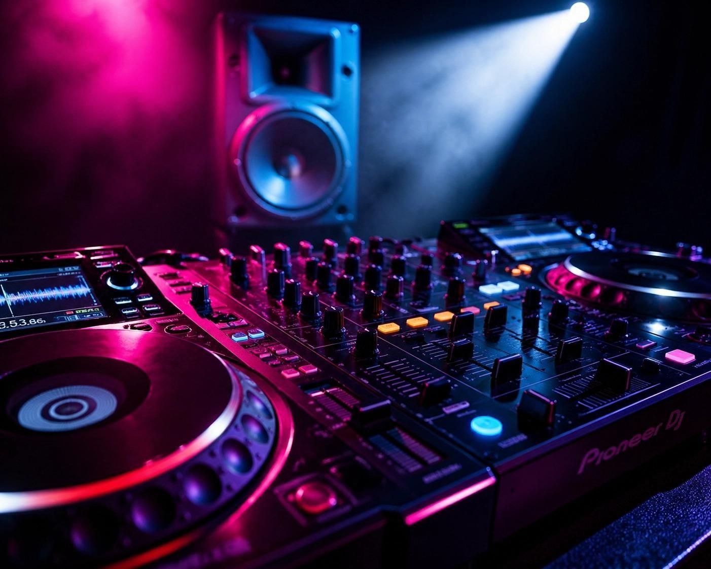 DJ mixing music at a nightclub, with glowing turntables and a dancing crowd under colorful lights