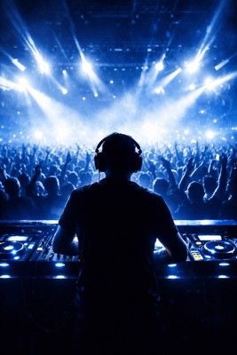 A DJ wearing headphones plays music from a console before a large, cheering crowd illuminated by bright blue stage lights.
