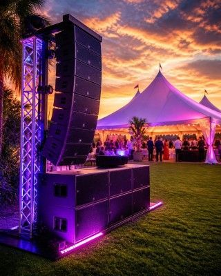 Large purple-lit speaker stack at an outdoor event beside a white tent at sunset