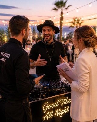 People chatting at a sunset rooftop party beside a glowing sign reading “Good Vibes Night”