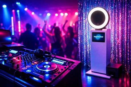 A DJ at a wedding in Houston, with people dancing in a colorful party setting.