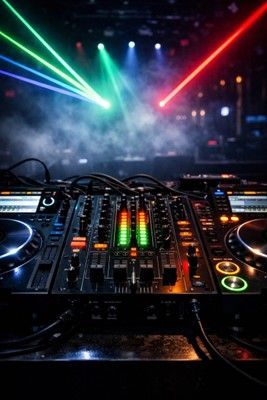A DJ at a wedding in Houston, with people dancing in a colorful party setting.