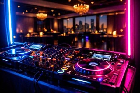 Lit DJ booth with glowing turntables and mixer overlooking a city skyline at night