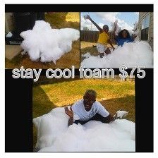A man in foam, other photos show foam with people and foam machine, text: Stay cool foam $75.