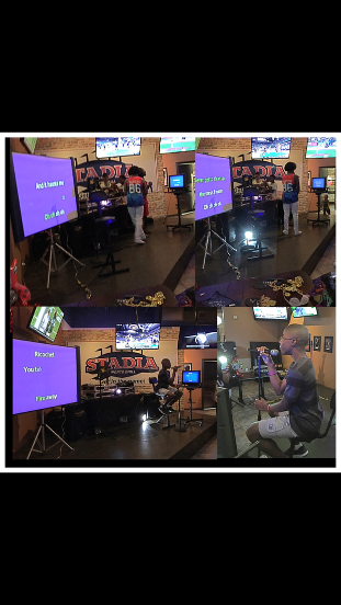 Four panels showing a gaming arcade: people playing games, screens displaying text, and various game stations.