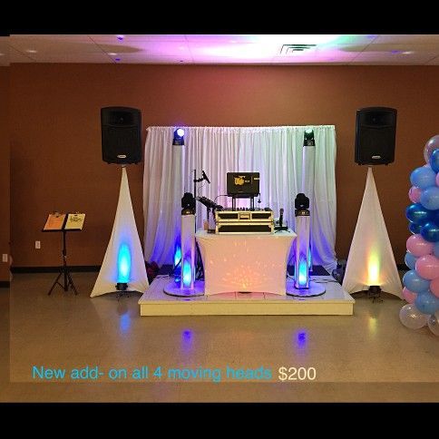 DJ setup with speakers, lights, and a backdrop in a venue. A promotional offer is included.