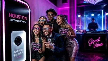 Five friends posing at a neon-lit Houston photo booth with signs reading “Good Vibes” and “Capture the fun.”