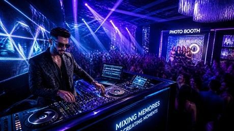 DJ mixing music at a neon-lit club event with blue-purple lights and a photo booth in the background